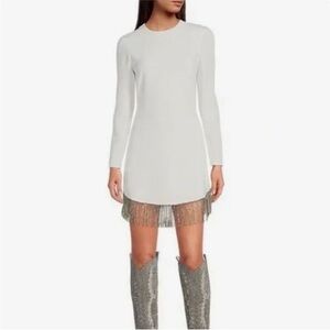 NWT Gianni Bini Sage Rhinestone Fringe Crew Neck Long Sleeve Crepe Dress